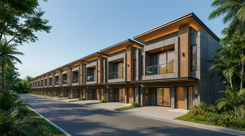Render baris unit Bumi Citra Regency memanjang mengikuti jalan kawasan