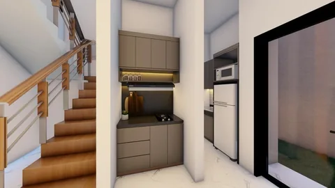 Render area dapur unit Bumi Citra Regency yang bersebelahan dengan tangga menuju lantai dua