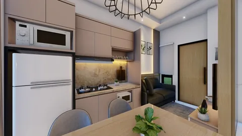Render dapur unit Bumi Citra Regency yang menyatu dengan ruang makan, lengkap dengan kitchen set