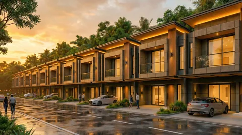 Render deretan unit Bumi Citra Regency tersorot cahaya keemasan menjelang matahari terbenam