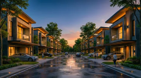 Render deretan unit Bumi Citra Regency saat petang dengan lampu teras menyala