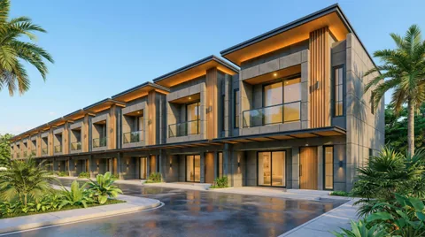 Render deretan unit Bumi Citra Regency dari sudut miring memperlihatkan kedalaman kavling