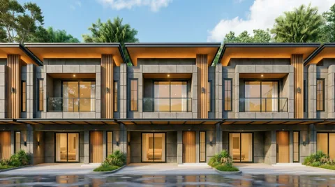 Render fasad unit Bumi Citra Regency dilihat lurus dari depan, dua lantai dengan balkon