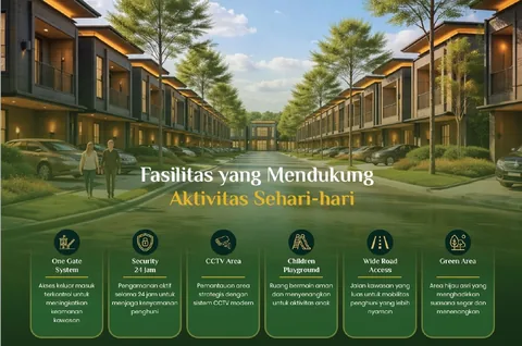 Fasilitas kawasan Bumi Citra Regency: one gate system, security 24 jam, CCTV, playground anak, jalan lebar, area hijau