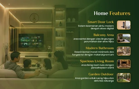 Fitur unit Bumi Citra Regency: smart door lock, area balkon, kamar mandi modern, ruang keluarga luas, taman belakang
