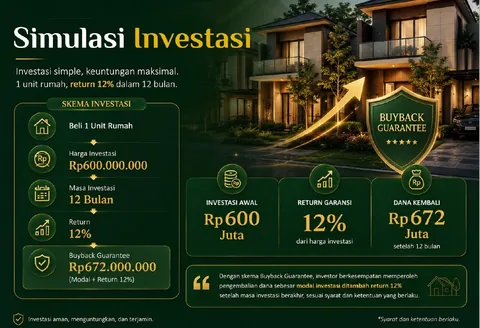 Ilustrasi skema investasi Bumi Citra Regency: modal Rp 600 juta, masa 12 bulan, buyback Rp 672 juta