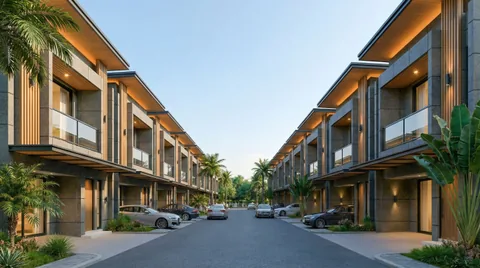 Render jalan kawasan Bumi Citra Regency berjajar pohon palem menuju blok bagian dalam