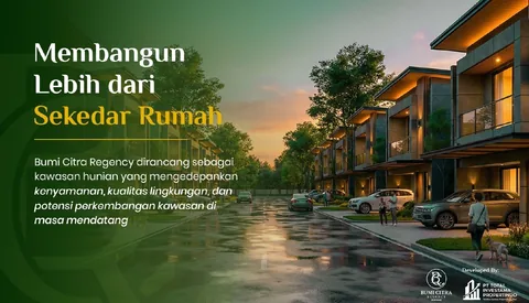 Jalan kawasan Bumi Citra Regency seusai hujan dengan deretan hunian dua lantai di kedua sisi