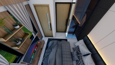 Render kamar tidur unit Bumi Citra Regency dari atas, memperlihatkan posisi pintu terhadap ranjang