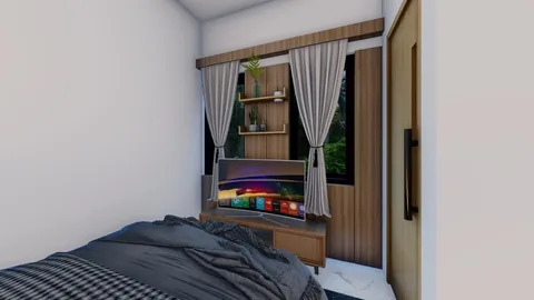 Render kamar tidur unit Bumi Citra Regency dengan jendela bertirai sebagai sumber cahaya alami