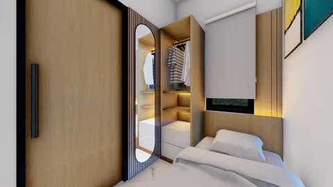 Render kamar tidur kedua unit Bumi Citra Regency beserta lemari pakaian dan pintu kamar