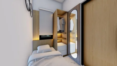 Render kamar tidur unit Bumi Citra Regency dengan lemari built-in berpintu cermin
