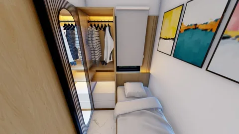 Render kamar tidur unit Bumi Citra Regency dengan lemari pakaian dalam keadaan terbuka