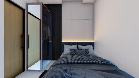 Render kamar tidur unit Bumi Citra Regency berpintu geser menuju koridor lantai dua