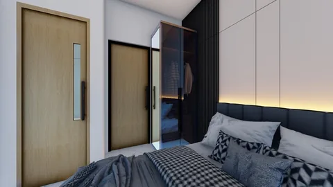Render kamar tidur unit Bumi Citra Regency dengan ranjang dan lemari pakaian menempel dinding