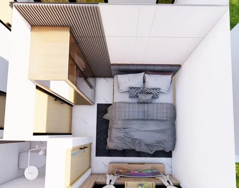 Render kamar tidur utama unit Bumi Citra Regency dilihat dari atas beserta tata letak perabotnya