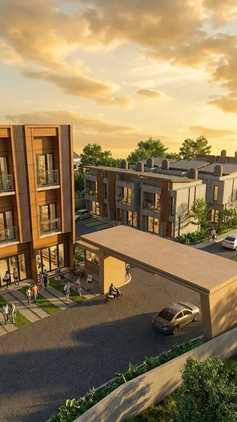 Render kawasan Bumi Citra Regency dari udara beserta taman dan jalur hijau di tengah blok