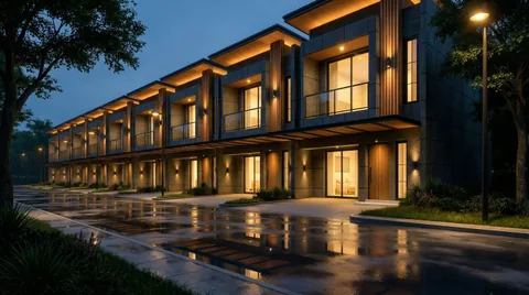 Render suasana malam kawasan Bumi Citra Regency dengan lampu jendela unit menyala