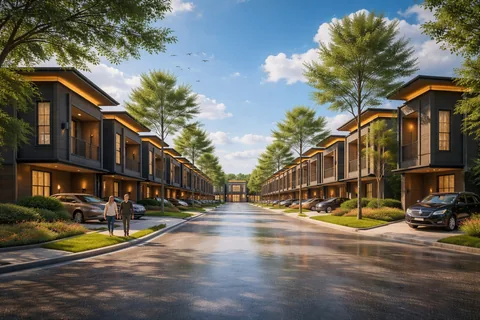 Render koridor jalan antar blok Bumi Citra Regency dengan hunian dua lantai berhadapan