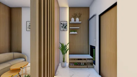 Render koridor unit Bumi Citra Regency dengan rak tanaman di sisi sekat kayu