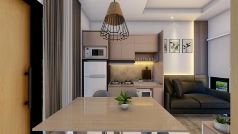 Render meja makan unit Bumi Citra Regency dengan lampu gantung di atasnya