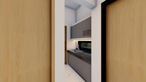 Render pantry unit Bumi Citra Regency dengan kabinet atas dan microwave tertanam
