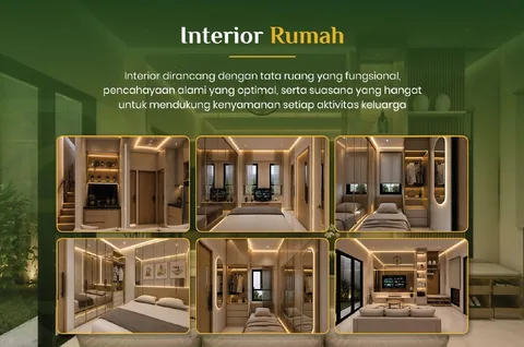 Enam sudut interior unit Bumi Citra Regency: dapur, kamar tidur utama, lemari pakaian, dan ruang keluarga