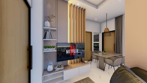 Render ruang keluarga unit Bumi Citra Regency berlantai granite tile 60x60 dengan area televisi