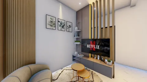Render ruang keluarga unit Bumi Citra Regency dengan sekat kayu vertikal sebagai pemisah ruang