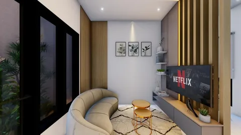 Render ruang keluarga unit Bumi Citra Regency dengan sofa panjang dan televisi menempel dinding