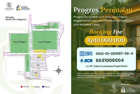 Siteplan ketersediaan unit Bumi Citra Regency beserta booking fee Rp 10 juta dan rekening resmi BRI dan BCA