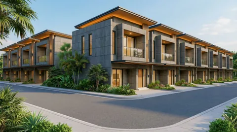 Render tikungan jalan kawasan Bumi Citra Regency dengan deretan unit mengikuti lengkung jalan