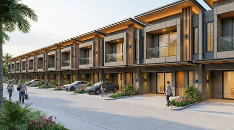 Render unit Bumi Citra Regency dari ketinggian pandangan pejalan kaki di tepi jalan kawasan